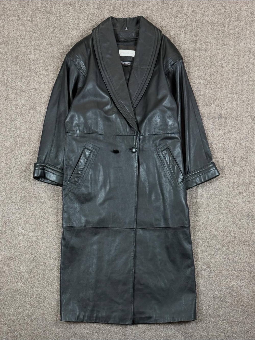 Vintage Jones New York Long Black Leather Double Breasted Trench Coat Women’s S